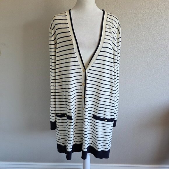 Talobts Plus 3X Cardigan Off White Navy Stripe Pockets Super Soft Long Sleeve - Picture 1 of 10